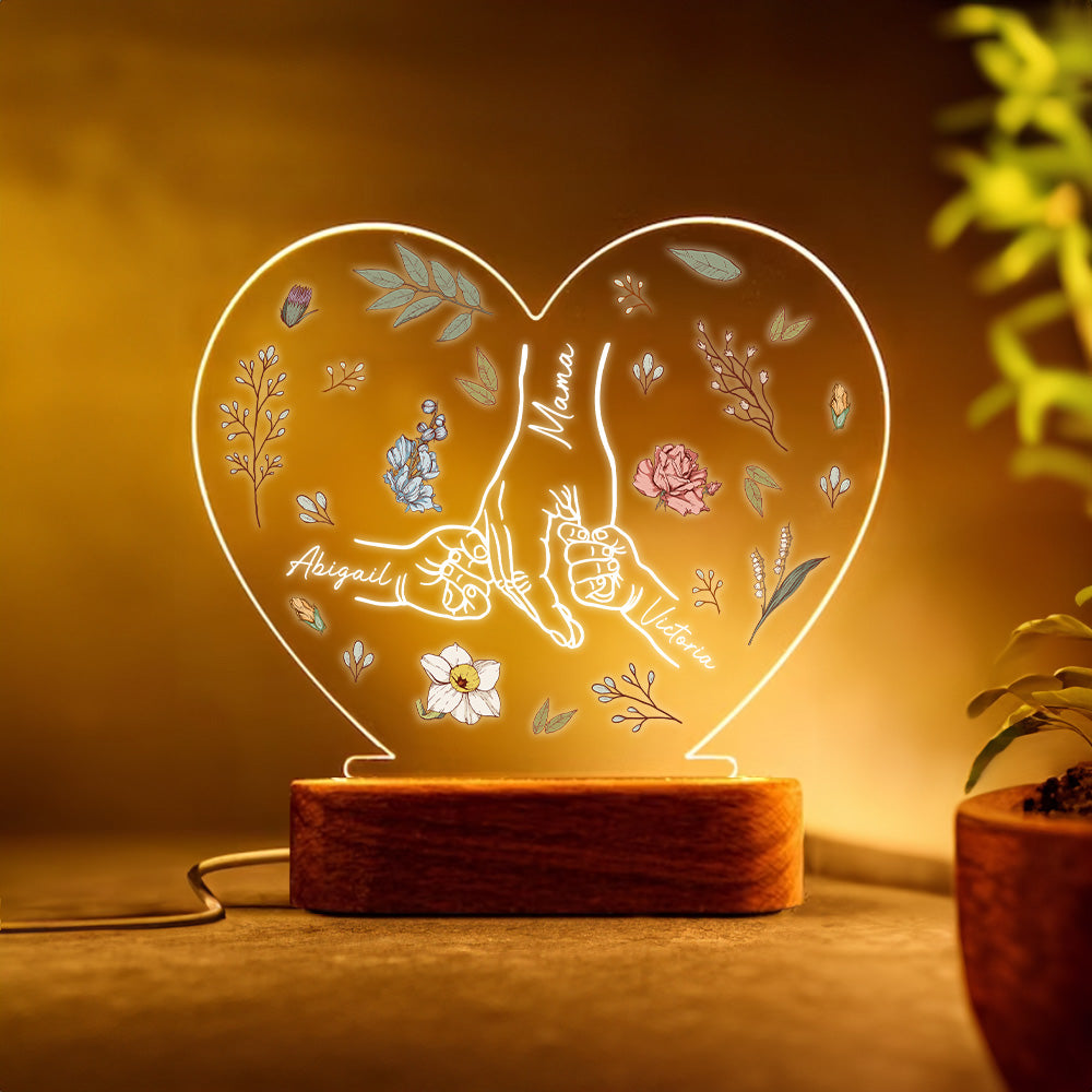 Luz nocturna LED personalizada en forma de corazón con 1-6 nombres y base de madera para el Día de la Madre Regalo de cumpleaños para mamá abuela
