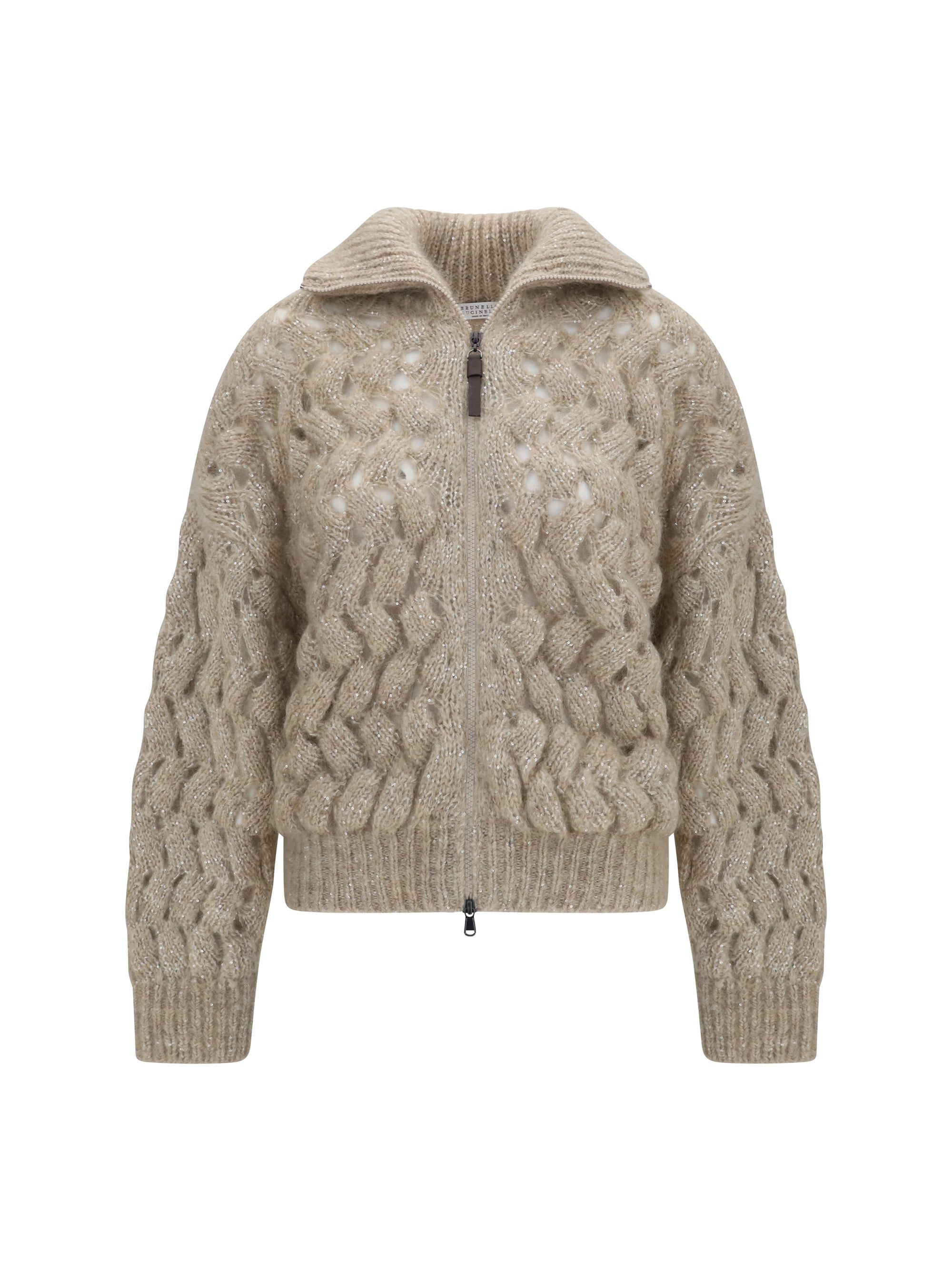Brunello Cucinelli Mohair and Wool Blend Cable-Knit Cardigan — Beige