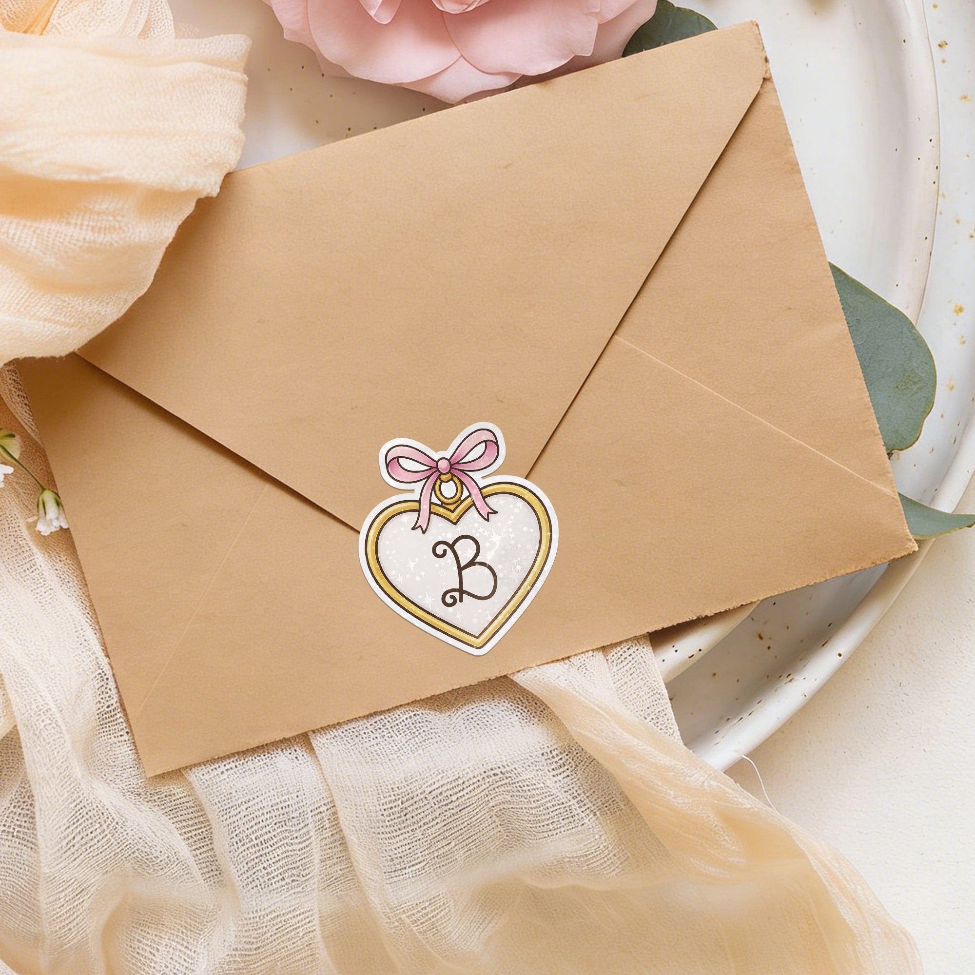 Personalizado Multicolor Romántico Lazo Corazón Locket Impermeable Sparkle Acabado Pegatinas con Inicial Regalo Decoración Día de San Valentín Boda para Pareja Mujeres