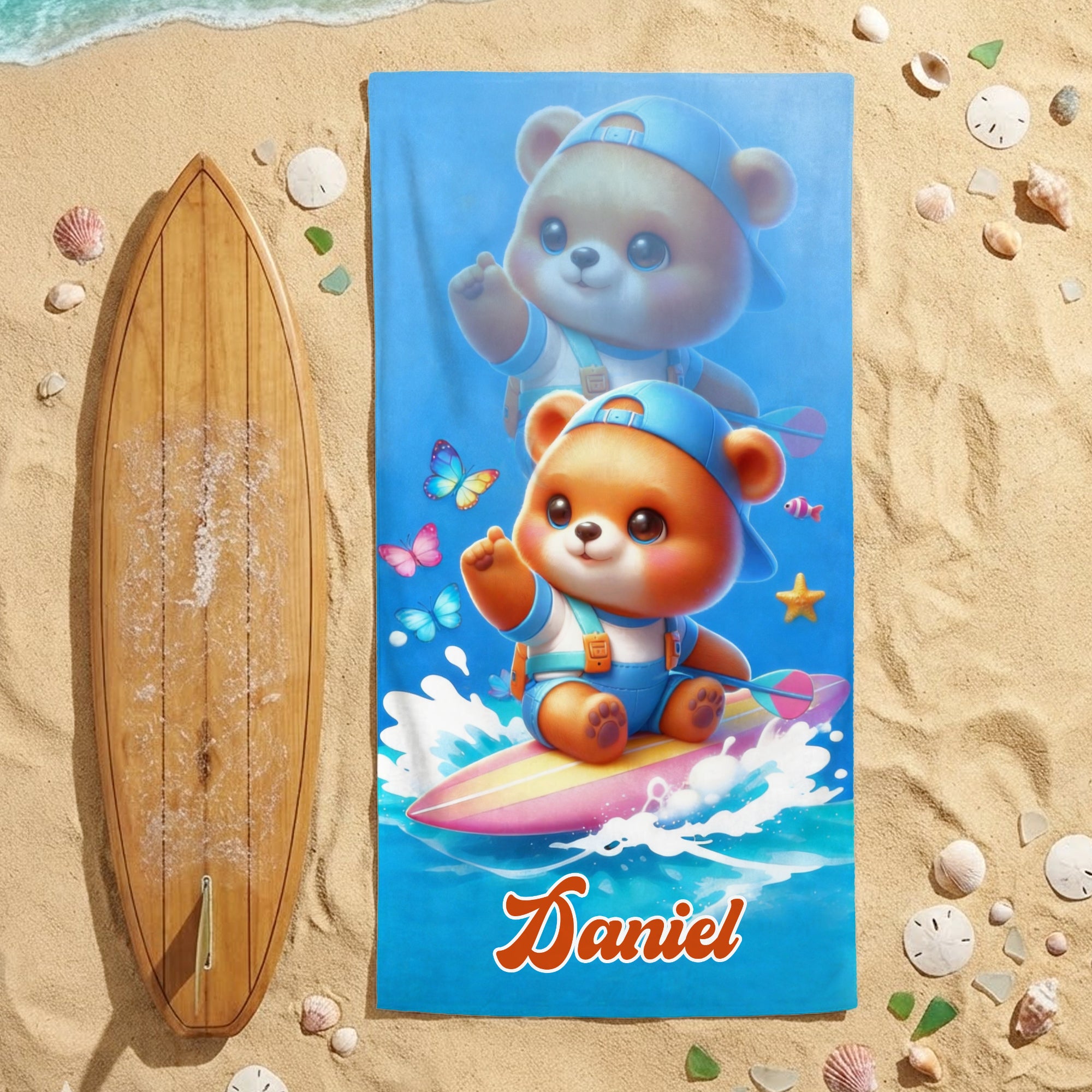 Toalla de playa de secado rápido con nombre, personalizada, de dibujos animados de animales surfistas Vacaciones de verano Fiesta en la piscina Regalo de cumpleaños para niños