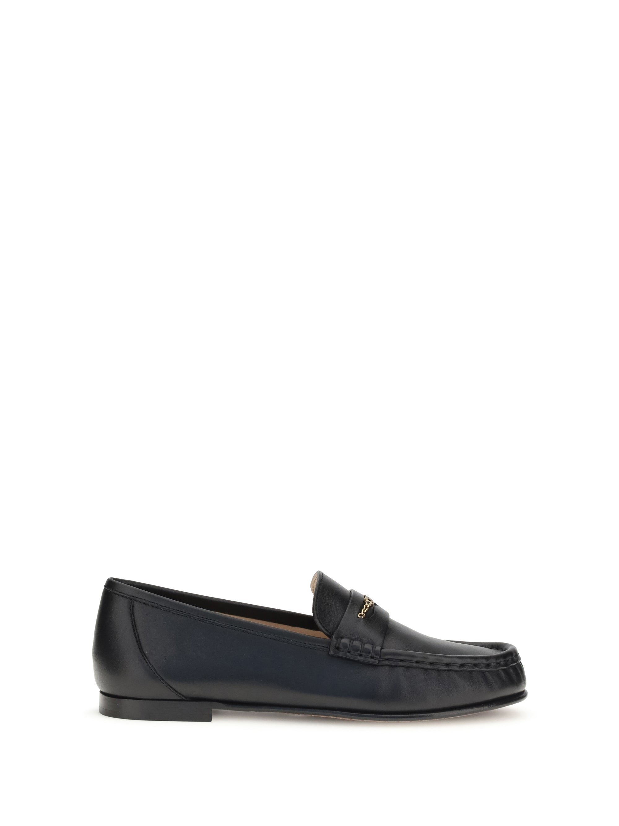 Chloé Polished Calfskin with Gold Chain Logo Loafer — Black