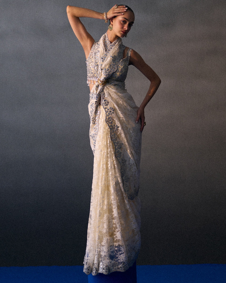 Ivory Sangeet Sari By KYNAH, Luxury Indian Fashion & Bridal Wear