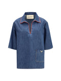 Valentino Red-Trimmed Denim Shirt — Blue