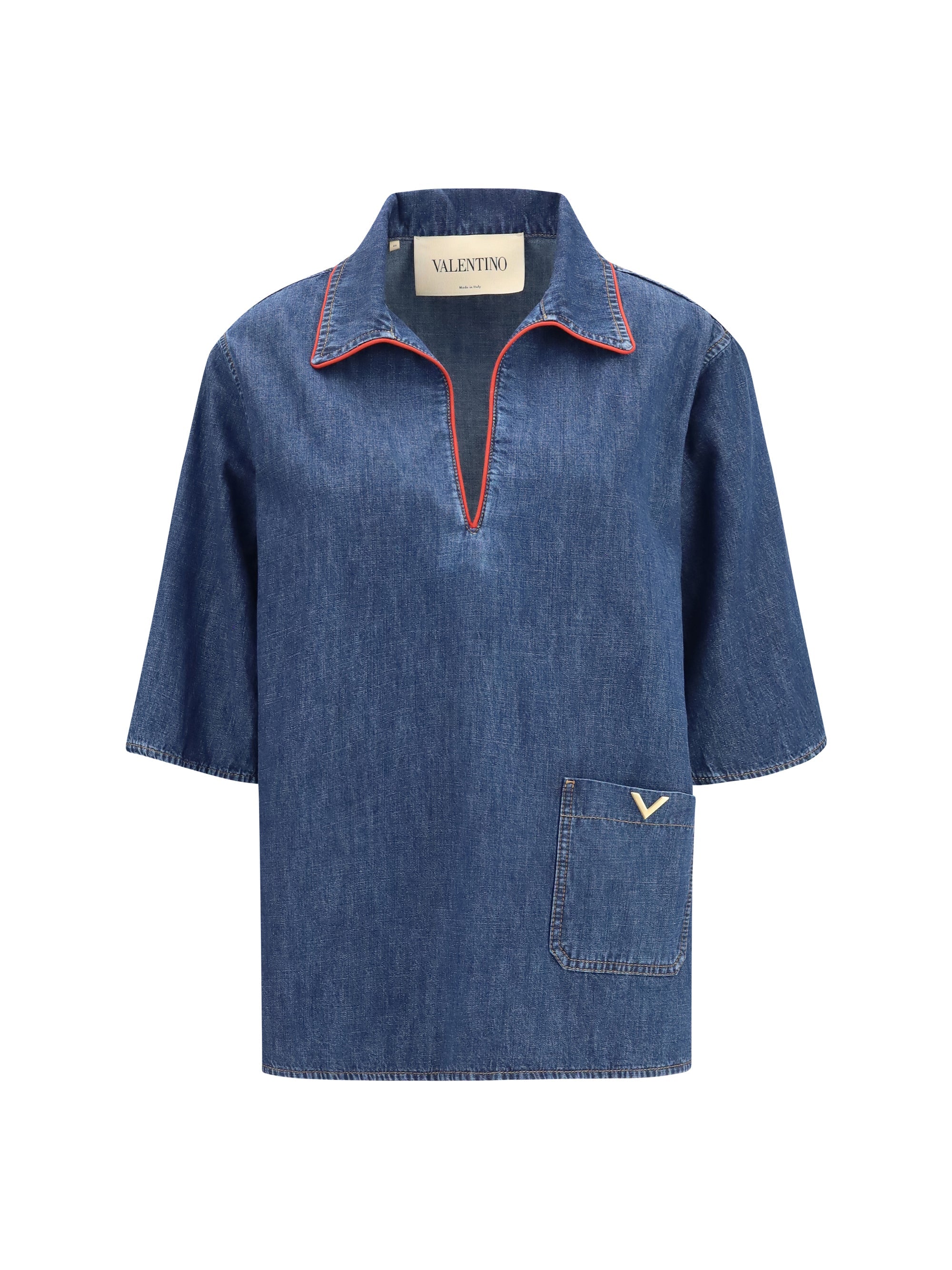 Valentino Red-Trimmed Denim Shirt — Blue