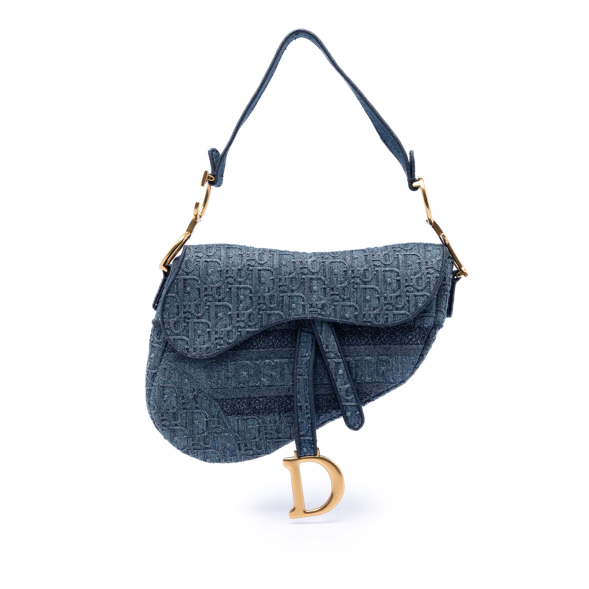 Oblique Embroidered Denim Saddle Bag