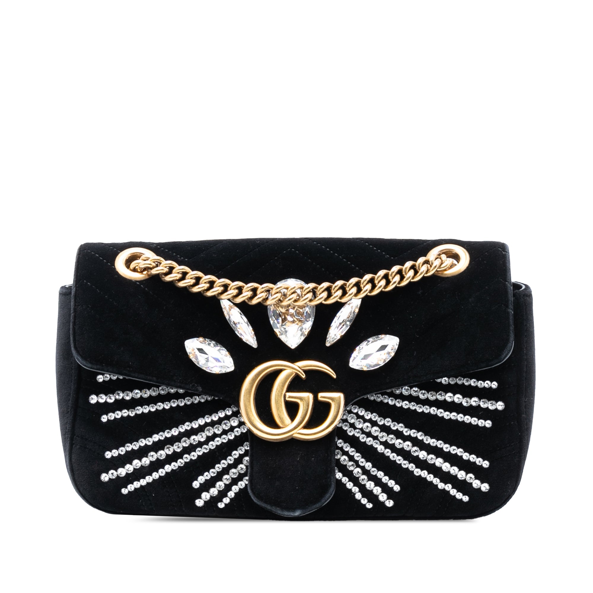 Medium GG Marmont Matelasse Velvet Crystal Embellished Shoulder Bag