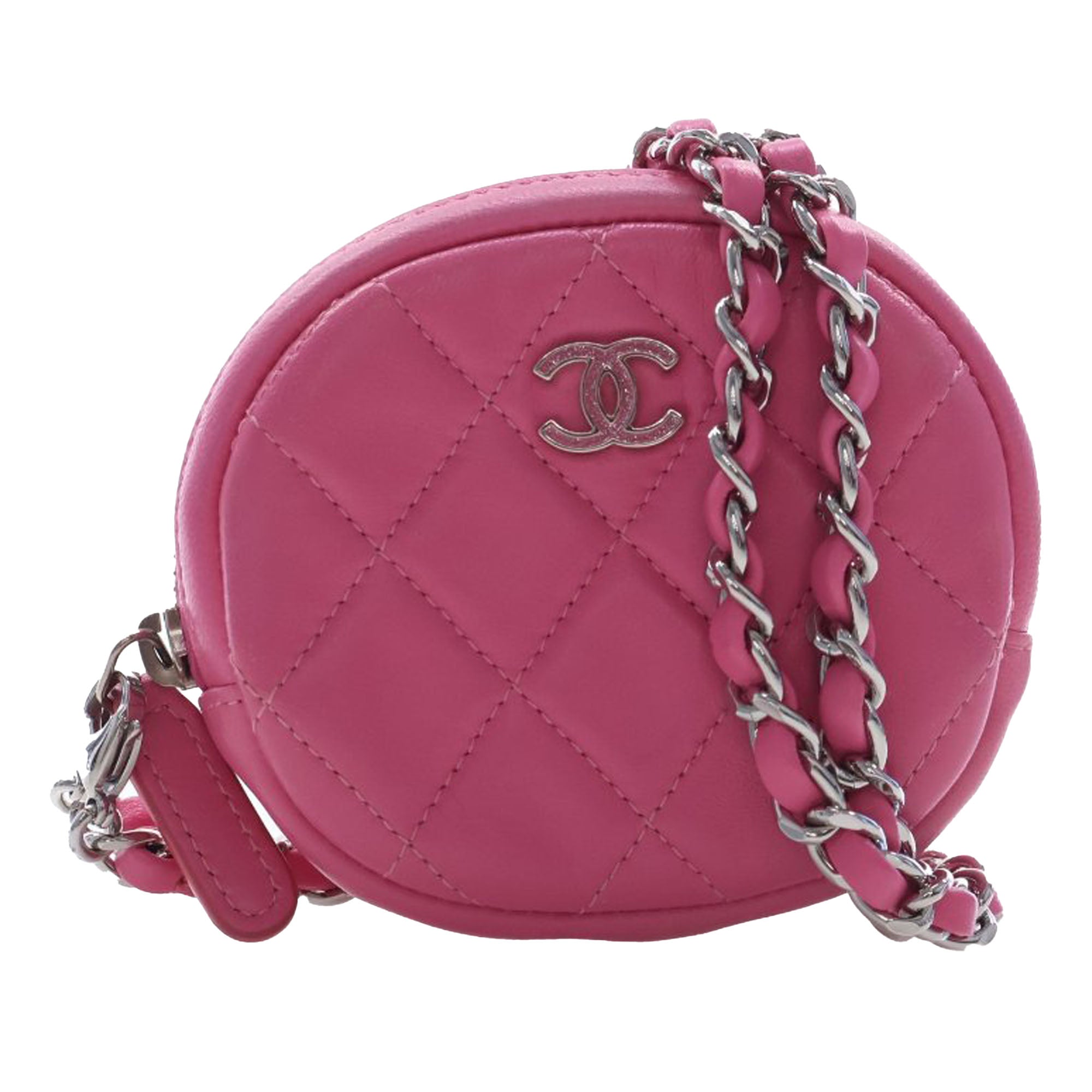 CC Quilted Lambskin Zip Around Coin Pouch with Chain
