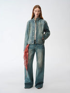 Welsh original leather coating process distressed motorcycle style stand collar short denim jacket