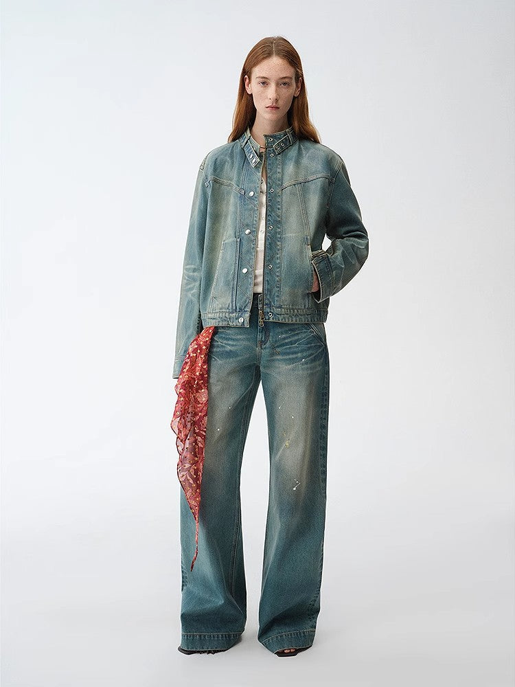 Welsh original leather coating process distressed motorcycle style stand collar short denim jacket