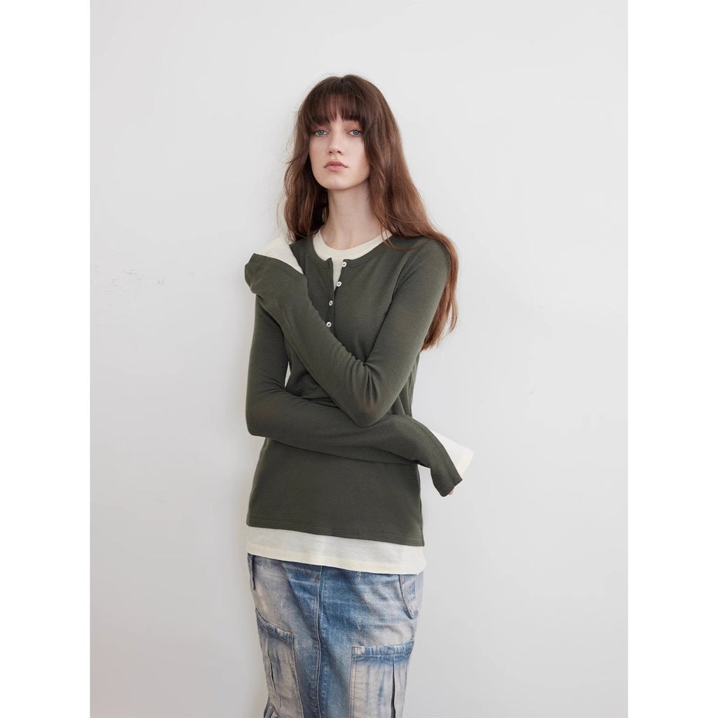 Letter from Munich elastic skin-friendly all-wool sweater women's long-sleeved slimming fake two-piece crop top