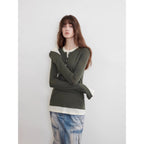 Letter from Munich elastic skin-friendly all-wool sweater women's long-sleeved slimming fake two-piece crop top