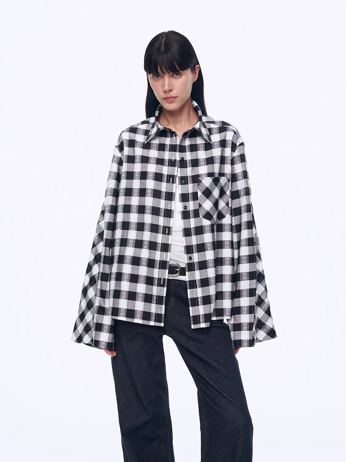 Style Diary Tencel acetate jacquard check dropped shoulder shirt
