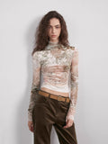 Warm Sugar Latte Smudge Print Velvet Long Sleeve Bottoming Shirt Women's Half Turtleneck T-shirt