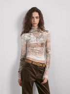 Warm Sugar Latte Smudge Print Velvet Long Sleeve Bottoming Shirt Women's Half Turtleneck T-shirt