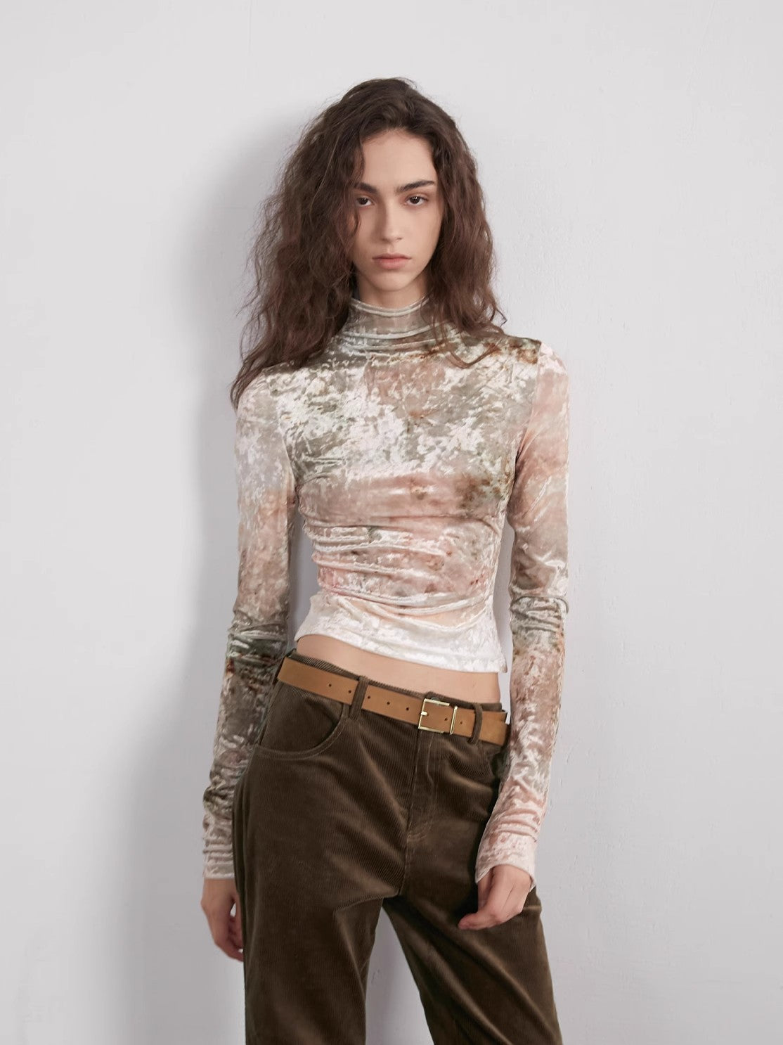 Warm Sugar Latte Smudge Print Velvet Long Sleeve Bottoming Shirt Women's Half Turtleneck T-shirt
