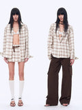 Plaid Sketch Vintage Linen Shirt Skirt Two-Piece Spring