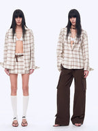 Plaid Sketch Vintage Linen Shirt Skirt Two-Piece Spring