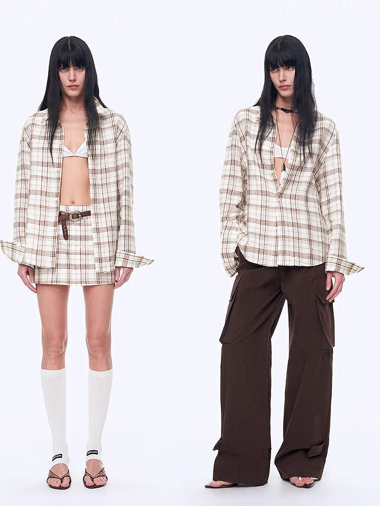 Plaid Sketch Vintage Linen Shirt Skirt Two-Piece Spring
