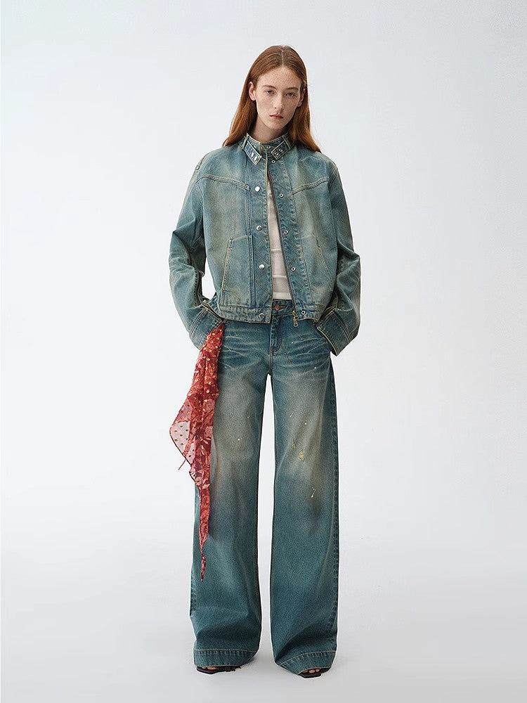 Climber leather-coated distressed straight low-rise cotton denim trousers for spring
