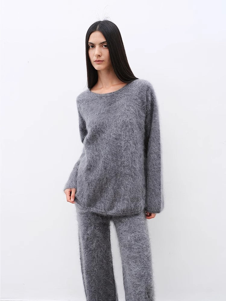Half-Ripe Winter Cashmere Comfortable Loose-Fit Crewneck Sweater and Straight-Leg Knit Pants Set
