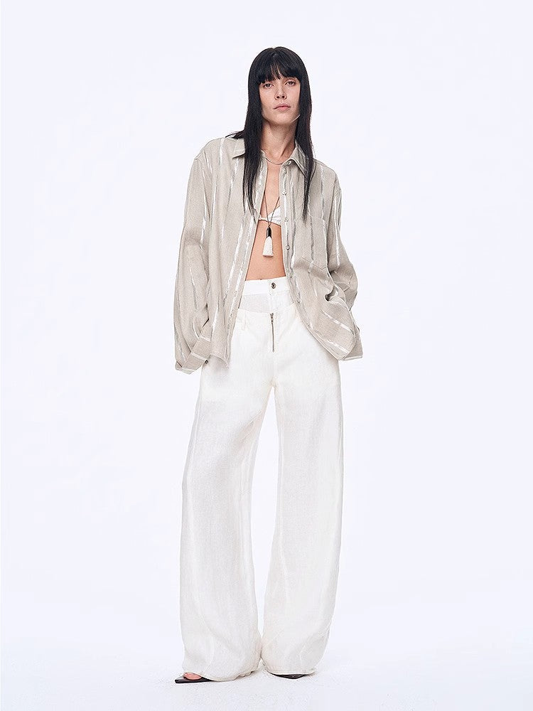 Anonymous Letter Silver Stripe Trumpet Sleeve Linen Cropped Shirt