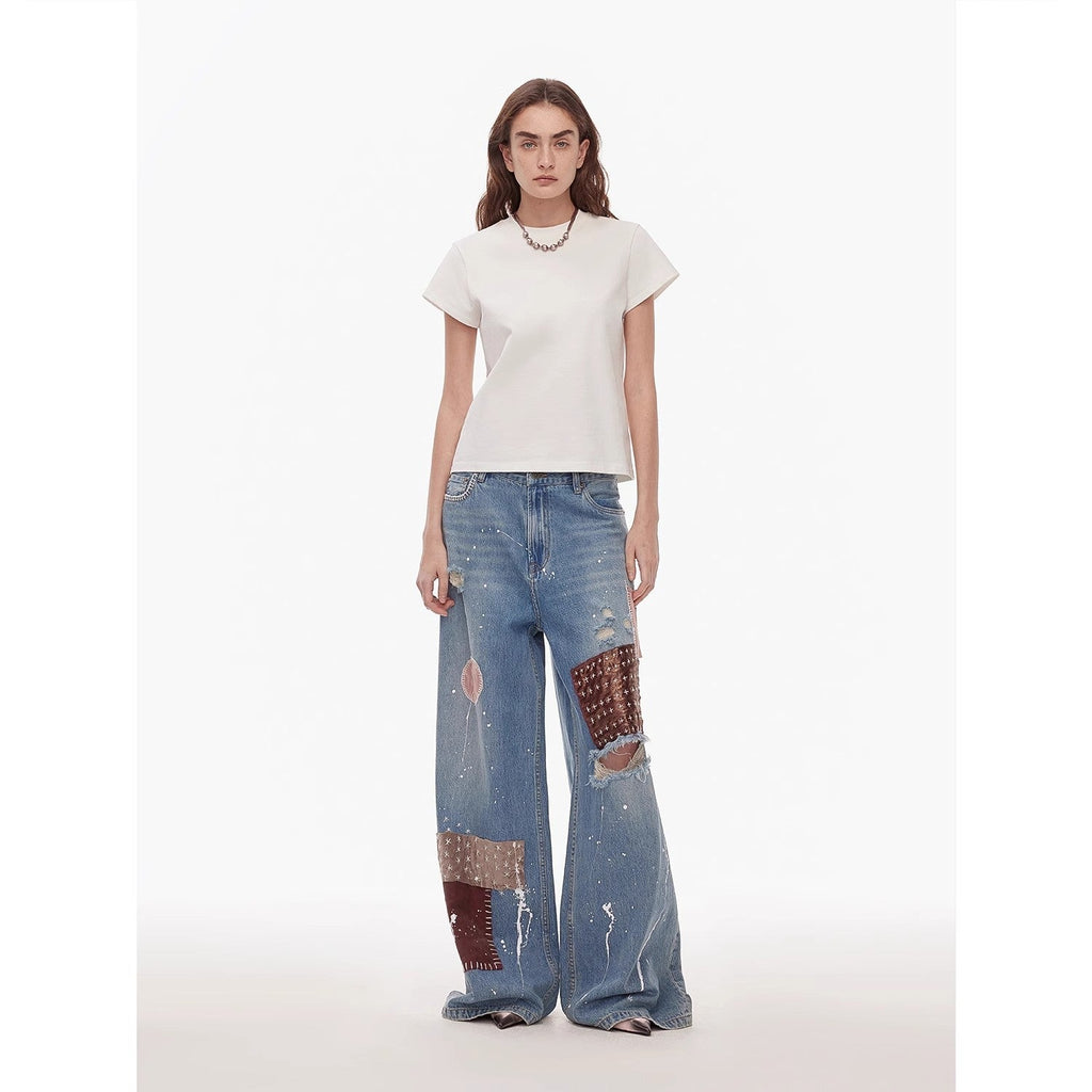 Uninhibited splicing retro design mid-low waist washed ripped hole splattered paint cloth patch wide-leg jeans