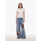 Uninhibited splicing retro design mid-low waist washed ripped hole splattered paint cloth patch wide-leg jeans