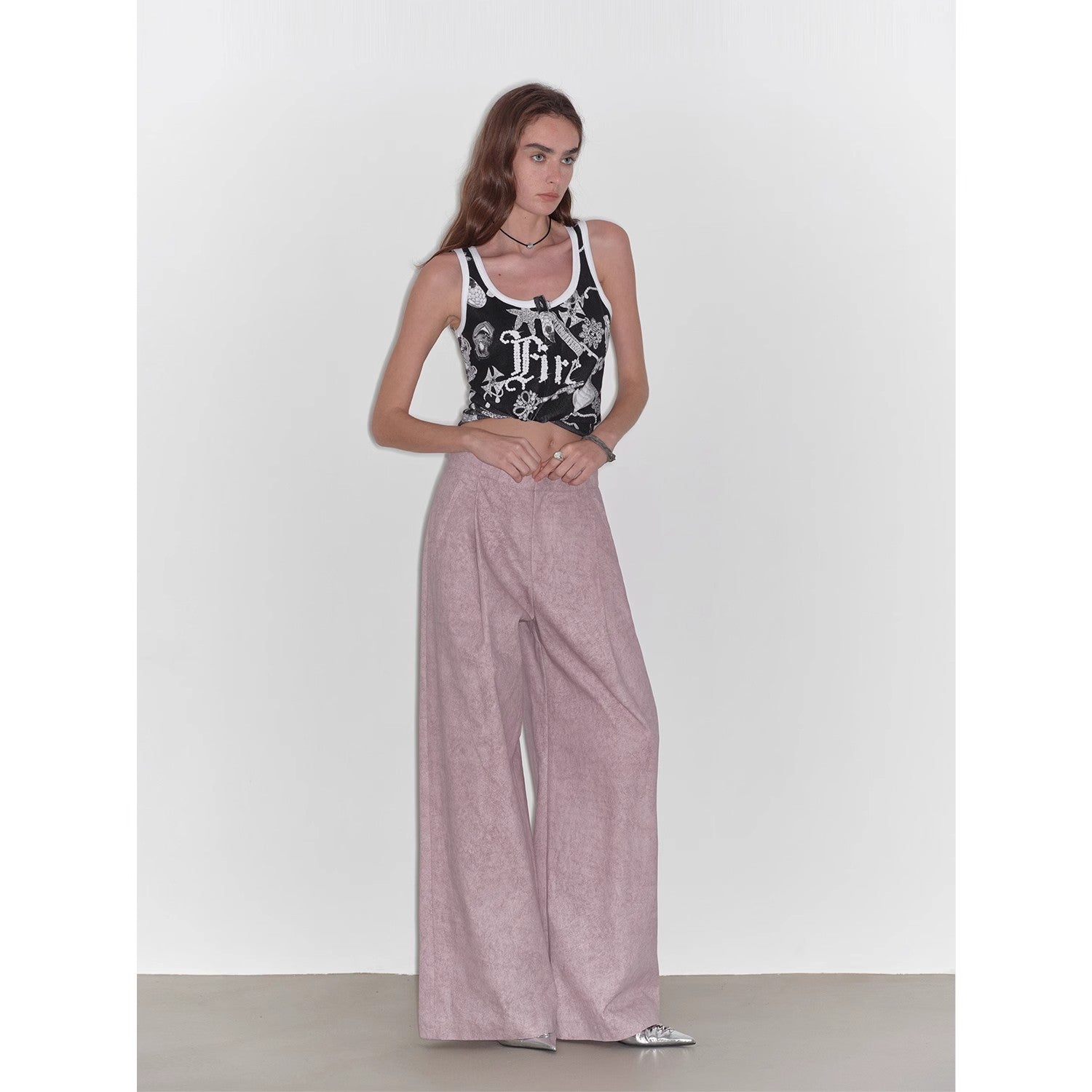 Light and Shadow Walking Retro Fashionable Dirty Printed Reverse-Fold Mid-Low-Waist Double-pleat Straight-leg Wide-Leg Casual Pants