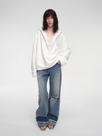 Leisure Style Handmade Rice Grain Embroidery Sequins Deep V Hooded Simple Profile Sweatshirt