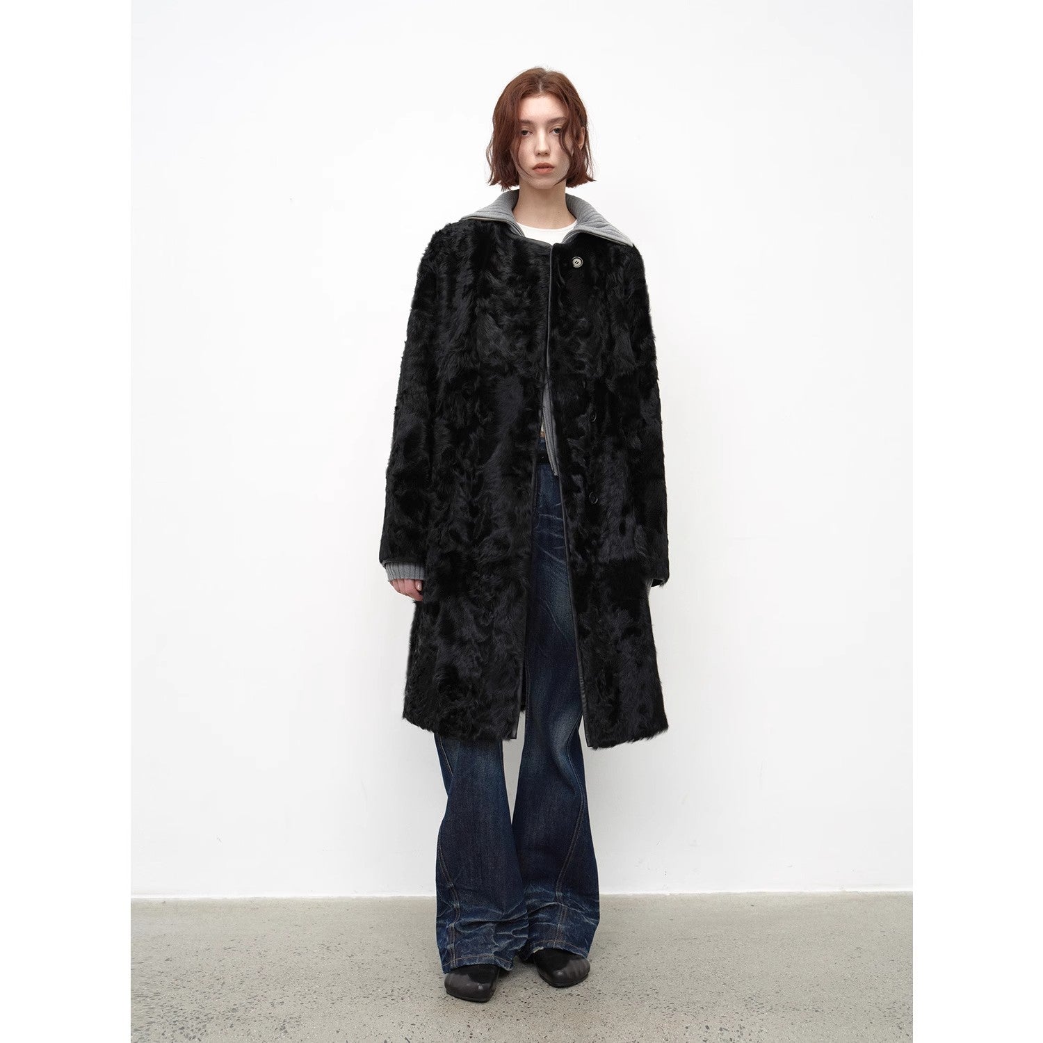 Roman Theater sheepskin fur one-piece long round neck straight fur coat for women winter