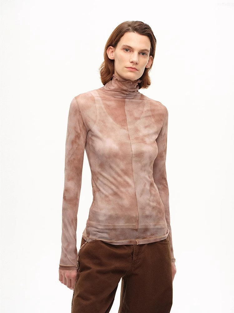 [FF×JW Rich Dusk] Exquisite and fashionable mesh rendering high collar T-shirt bottoming shirt