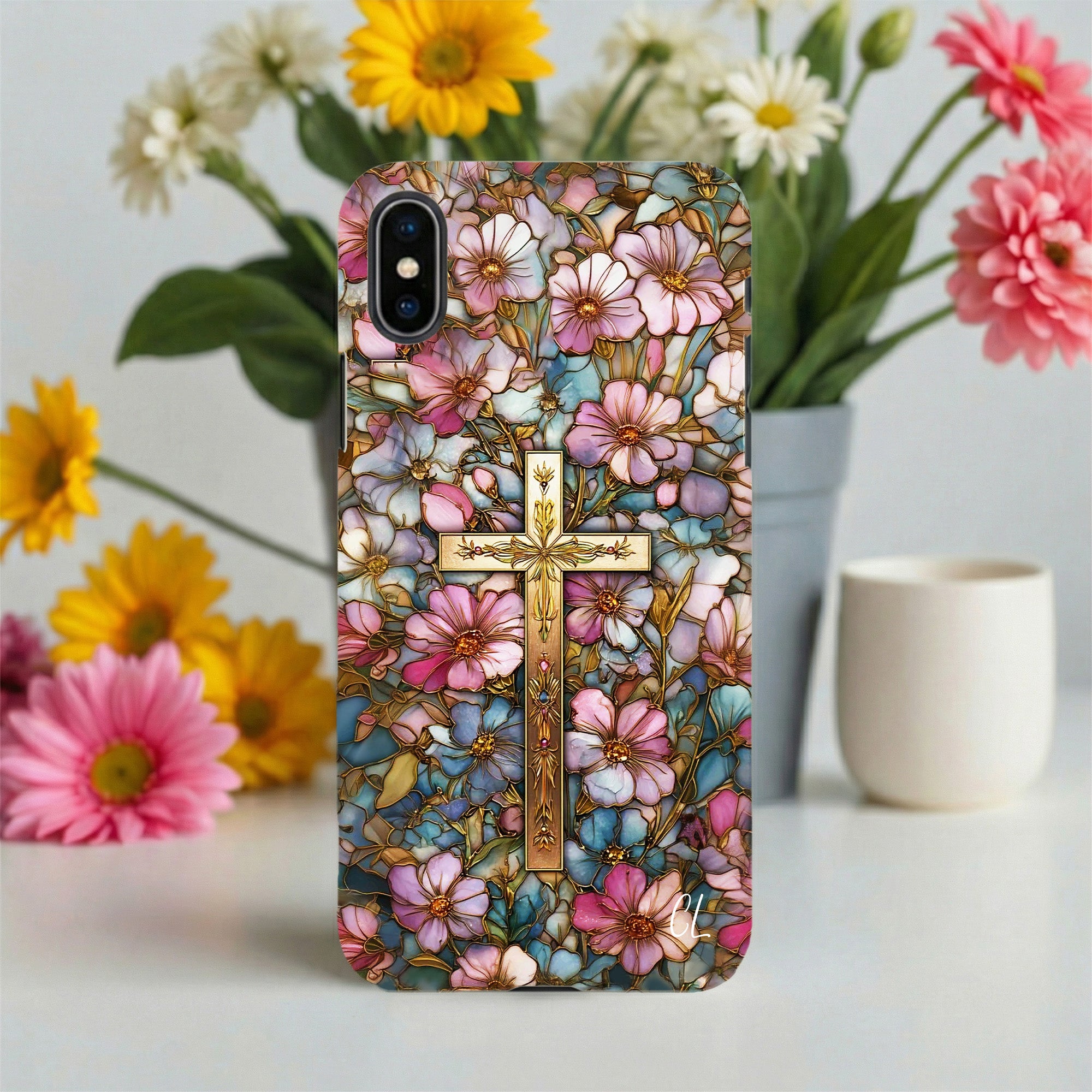 Personalizada Cruz Floral Vidriera Teléfono Caso con la letra para el iPhone Samsung Aniversario Cumpleaños Regalo para Amigo Familia Mujer