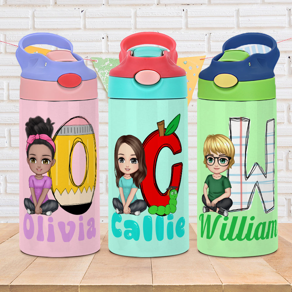 Personalizada Caricatura Lápiz de Manzana Inicial 12 oz Botella de Agua para Niños con Nombre y Pajita Regalo de Cumpleaños de Vuelta al Cole para Niños Niñas