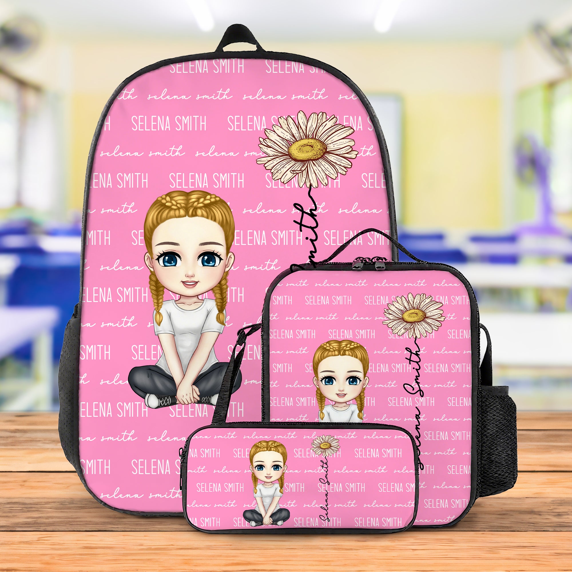 Personalizada Lindo Dibujo Flor de Nacimiento Multicolor Mochila Bolsa de Almuerzo Estuche con Nombre Regalo de Cumpleaños de Regreso a la Escuela para Niños Niñas