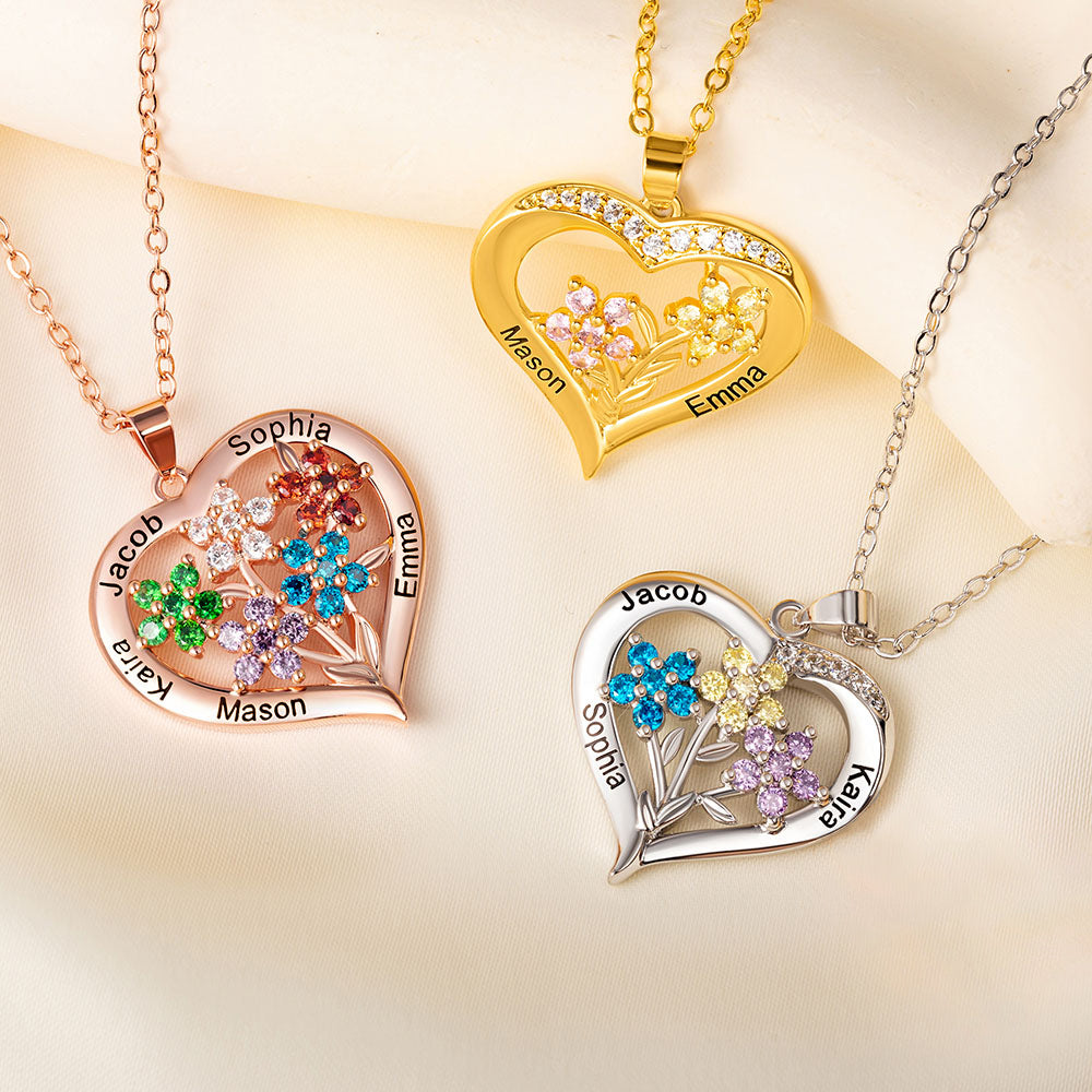 Personalizado 1-8 Birthstone Collar de flores con nombres grabados Dainty Family Jewelry Birthday Anniversary Mother's Day Gift for Women
