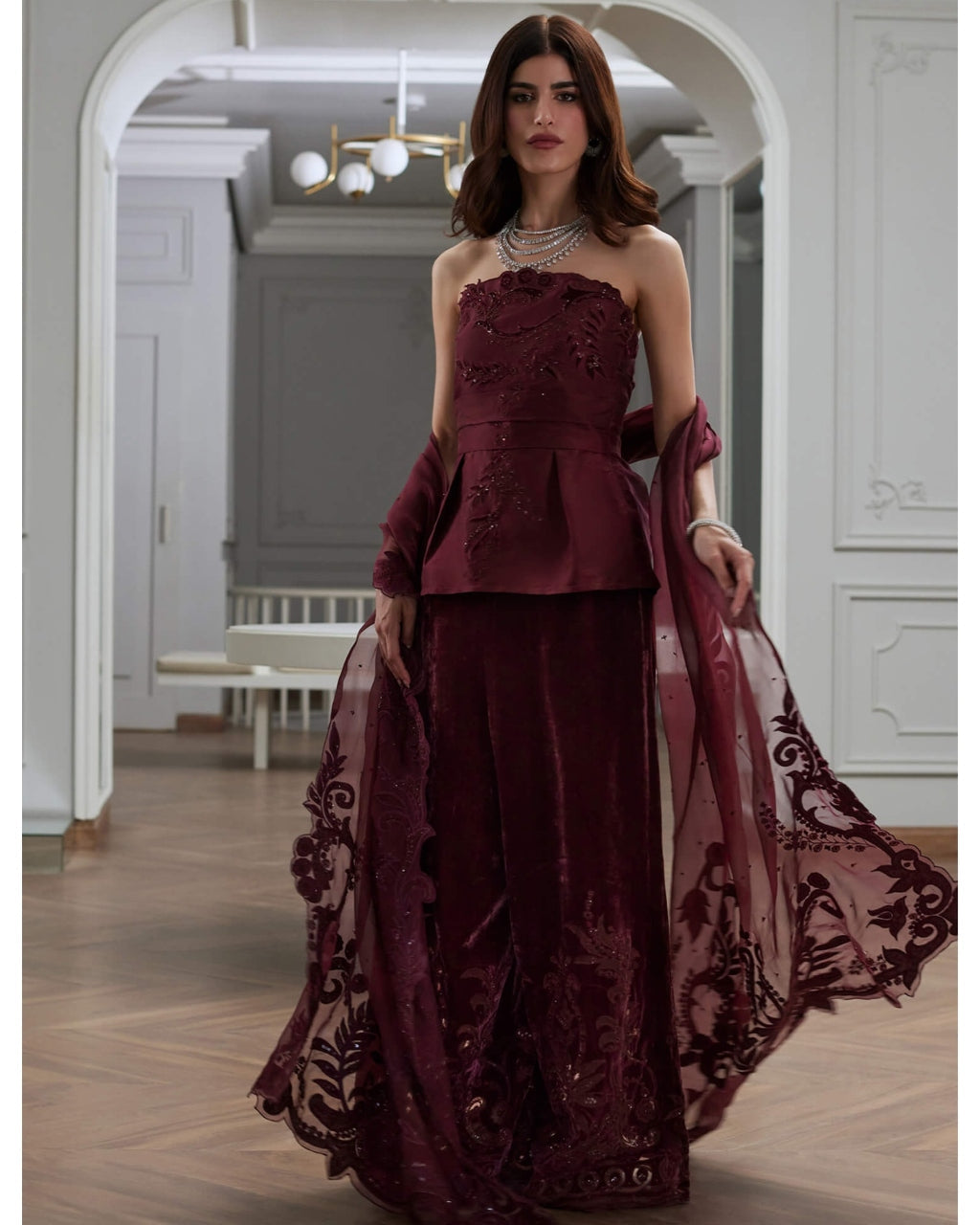 Violet Strapless Top, Palazzo & Dupatta Set By KYNAH, Luxury Indian Fashion & Bridal Wear