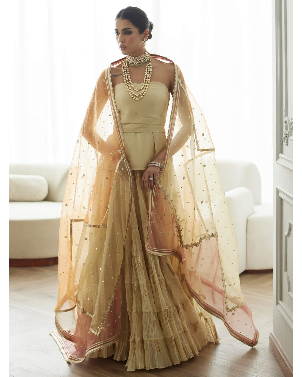 Amelia Strapless Top, Crushed Ghagra & Dupatta Set By KYNAH, Luxury Indian Fashion & Bridal Wear