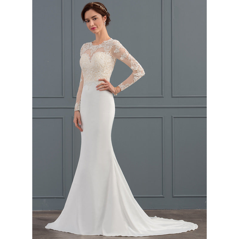 Bridal Wedding Dress White Long Sleeve Long Illusion Mermaid Lace
