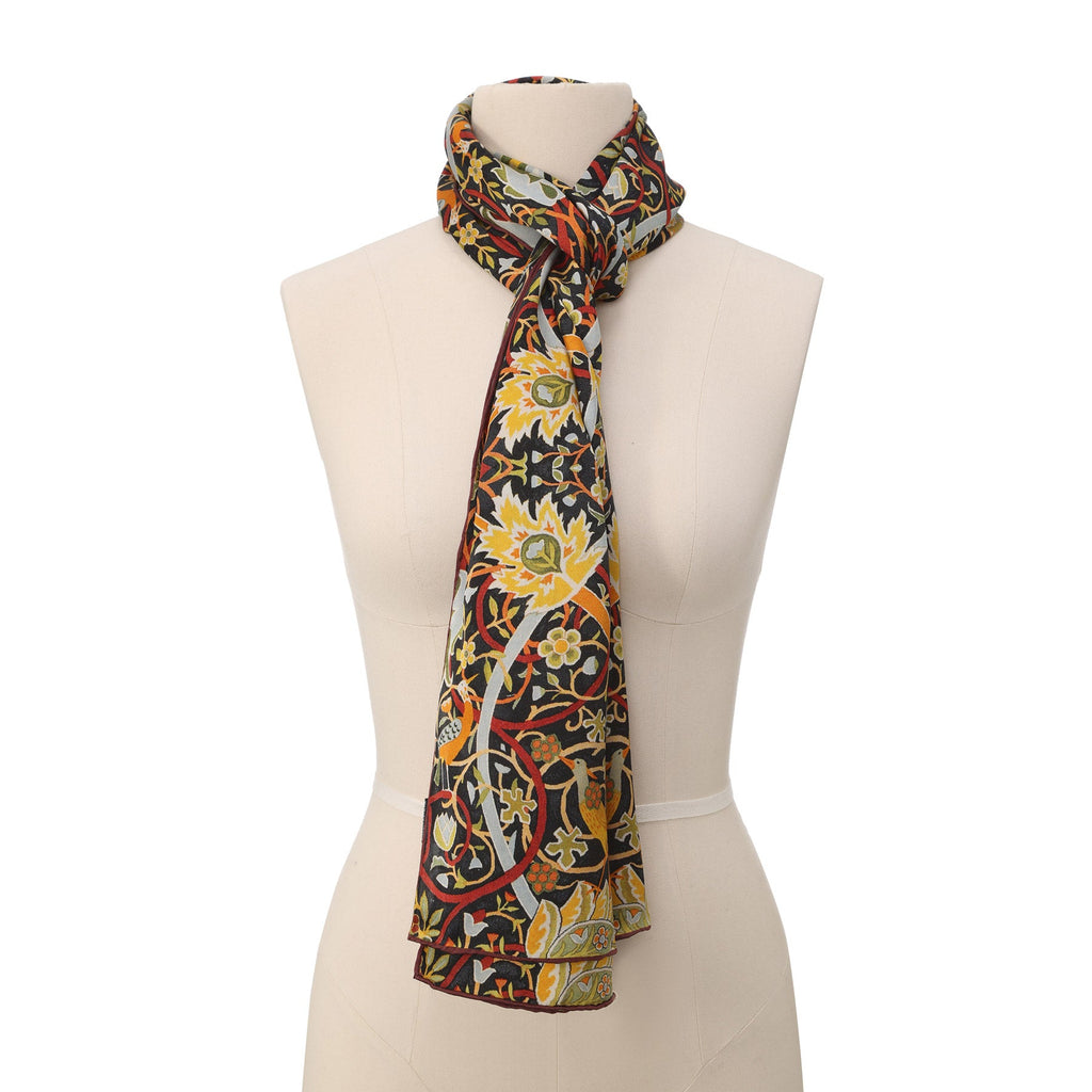 Vintage Floral Silk Scarf with Ornate Bird & Bloom Motifs