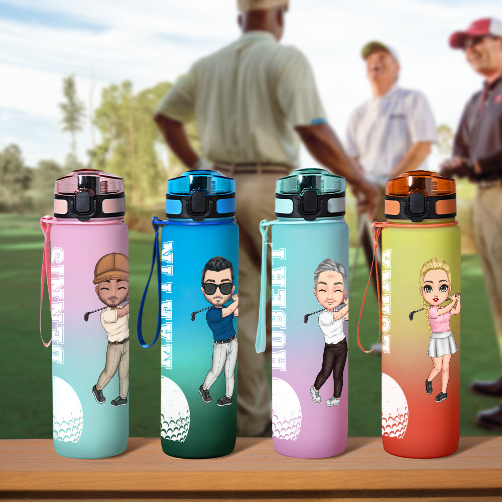Botella de agua deportiva con marcador de tiempo y nombre personalizada con personaje de golf de dibujos animados 32 oz Regalo de cumpleaños para entusiastas del golf