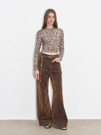 Black Coffee Fashionable Retro Casual Flocked Rivets Soft Layered Mid-Low Rise Jeans