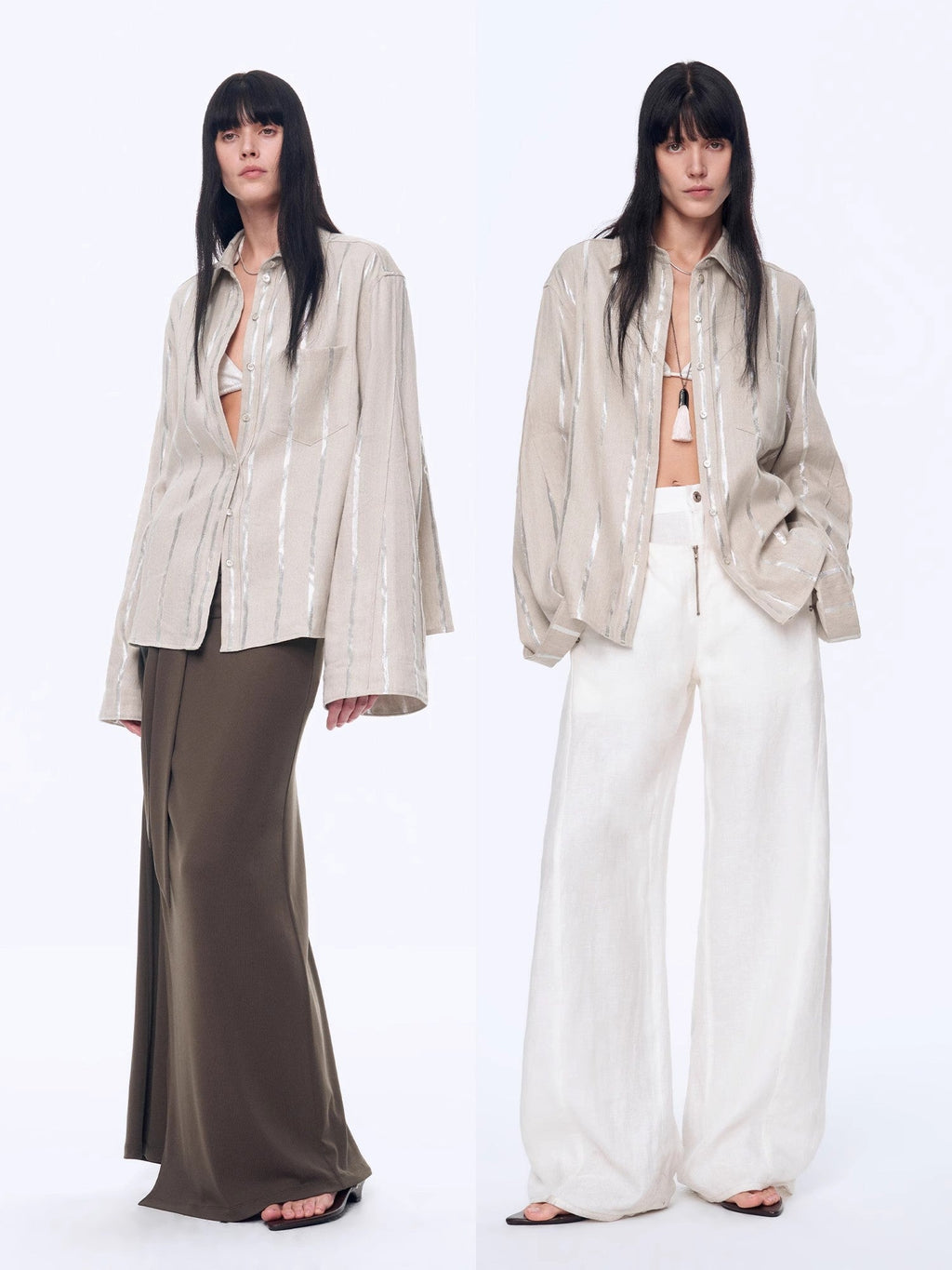 Anonymous Letter Silver Stripe Trumpet Sleeve Linen Cropped Shirt