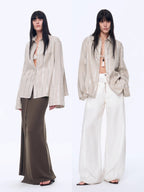 Anonymous Letter Silver Stripe Trumpet Sleeve Linen Cropped Shirt