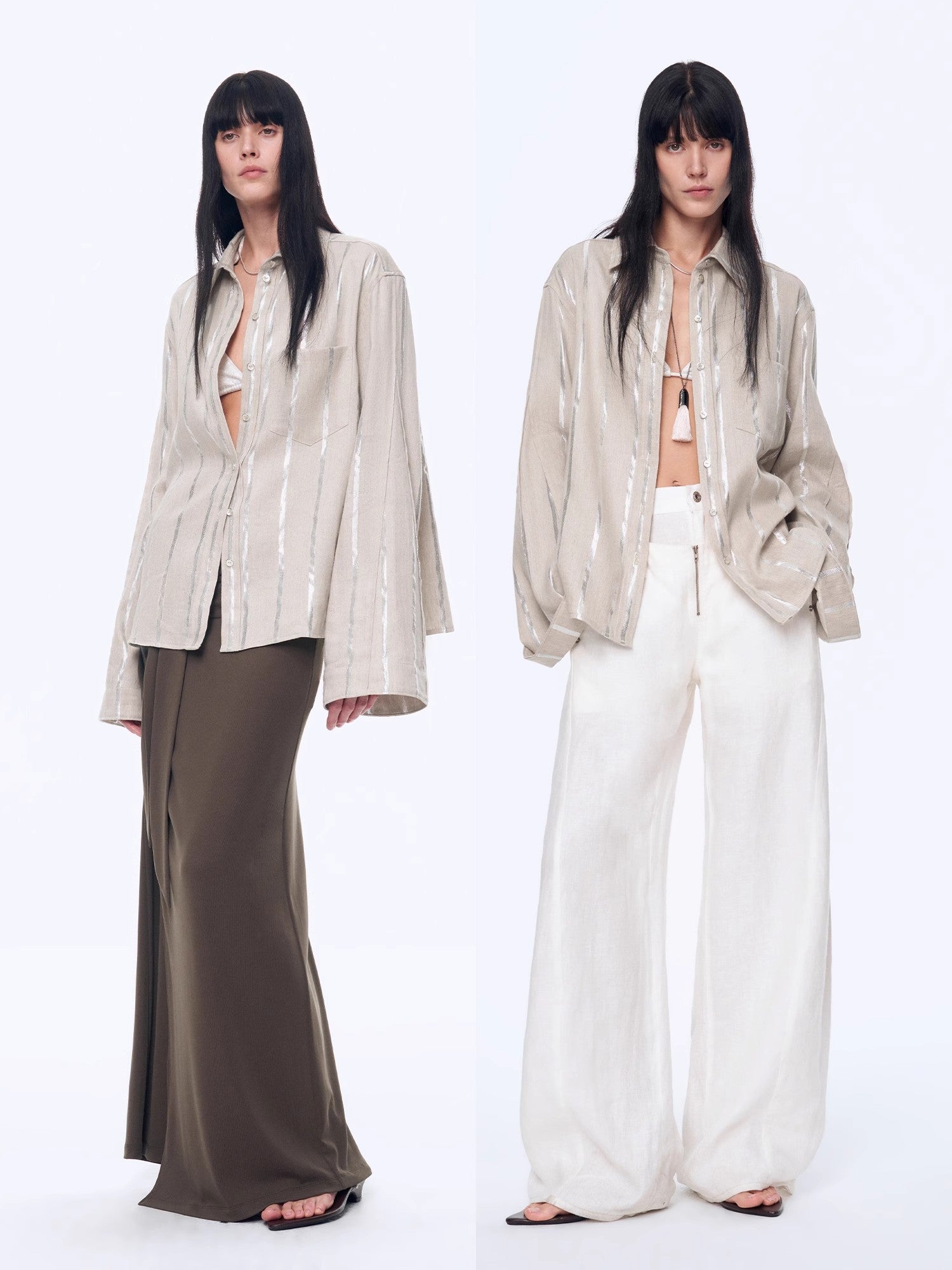 Anonymous Letter Silver Stripe Trumpet Sleeve Linen Cropped Shirt