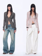 Long Island Vacation wool blend V-neck straight shoulder knitted cardigan spring