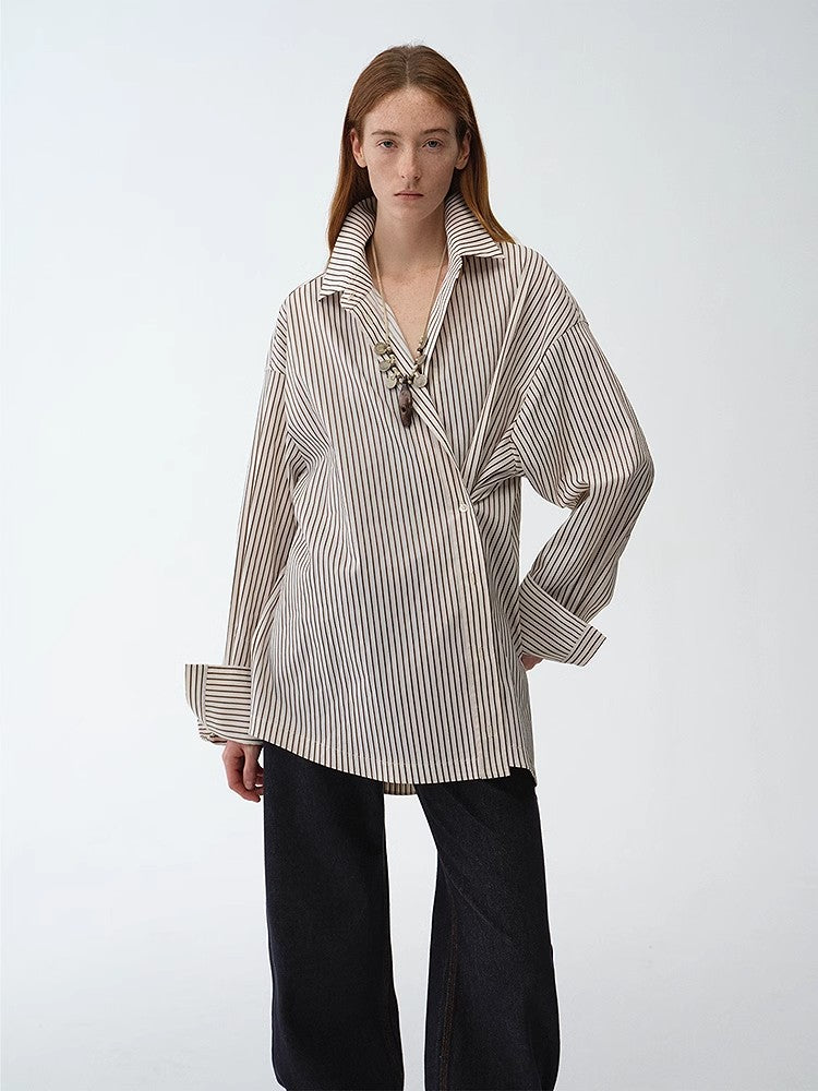 Striped Fantasy Casual Asymmetric Slanted Front Two-Wear Striped Long Sleeve Shirt