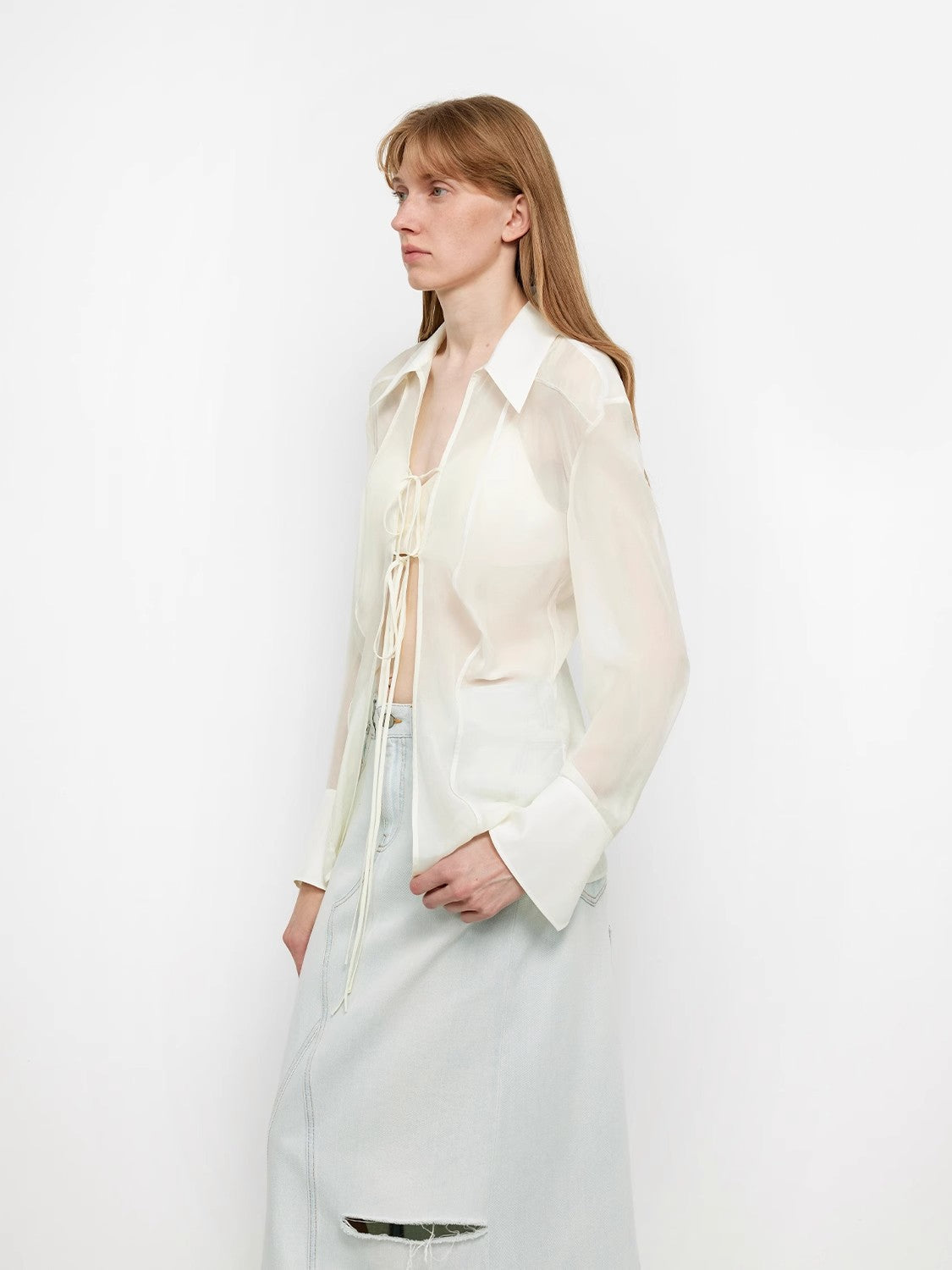 Hazy Moonlight Silk Chiffon Light and Hazy Feeling Cool Drape Lace-up Sun Protection Shirt Summer