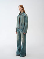 Welsh original leather coating process distressed motorcycle style stand collar short denim jacket