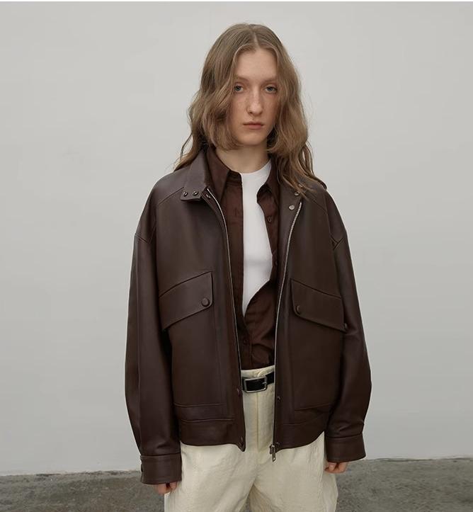Loveless Muse Brown Retro Genuine Leather Jacket Women's Motorcycle Sheep Leather Jacket Short