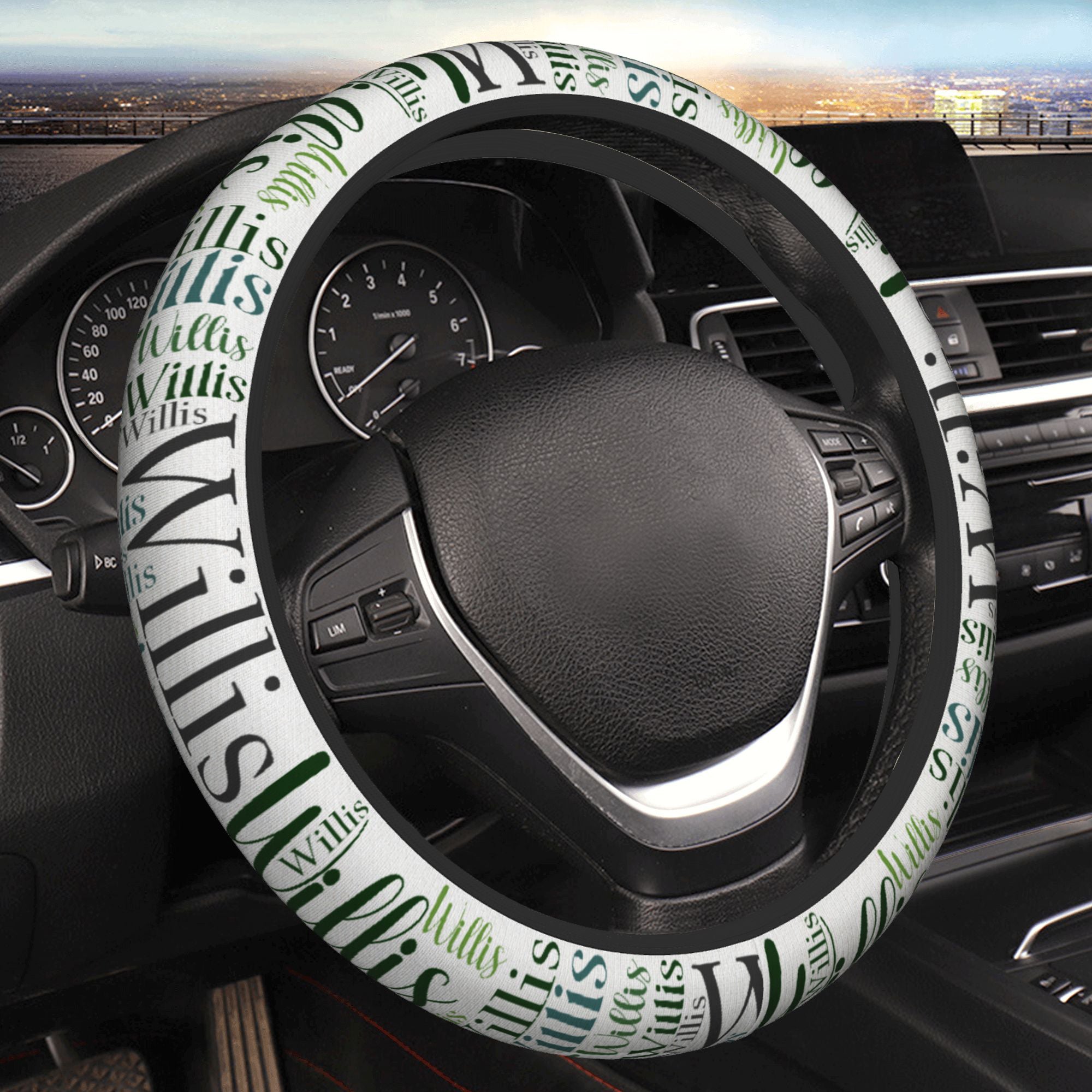 Nube de palabras multicolor personalizada Cubierta protectora del volante del coche con nombre Cumpleaños Aniversario Regalo para la familia Amigo Propietario de coche